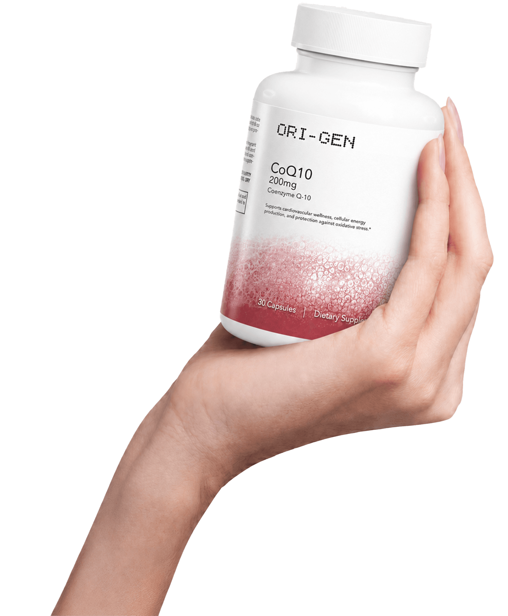 Hand holding the ORI-GEN CoQ10 bottle