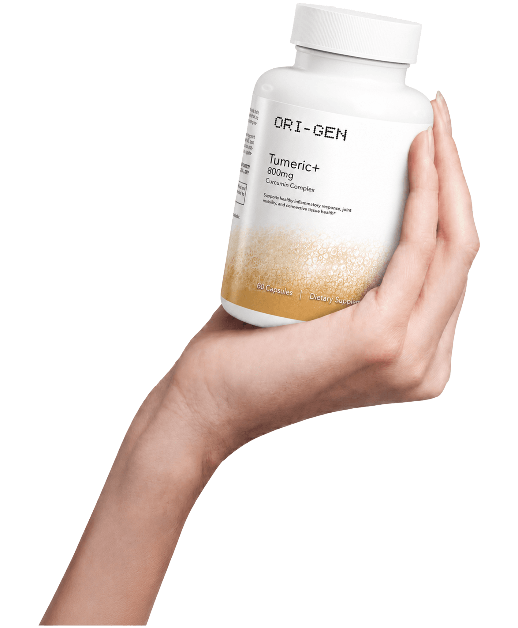 Hand holding the ORI-GEN Turmeric Plus bottle