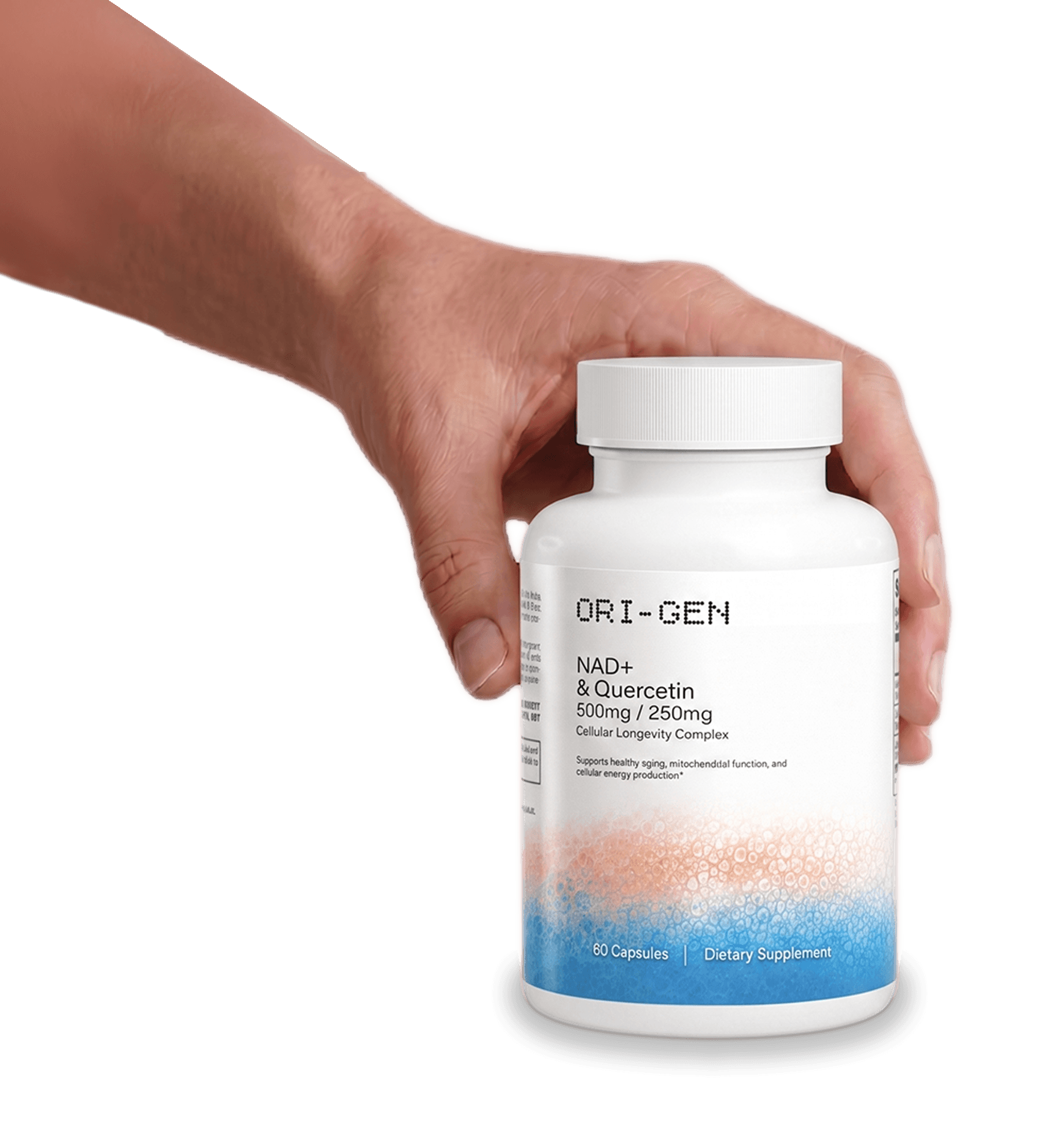 Hand holding ORI-GEN NAD+ & Quercetin